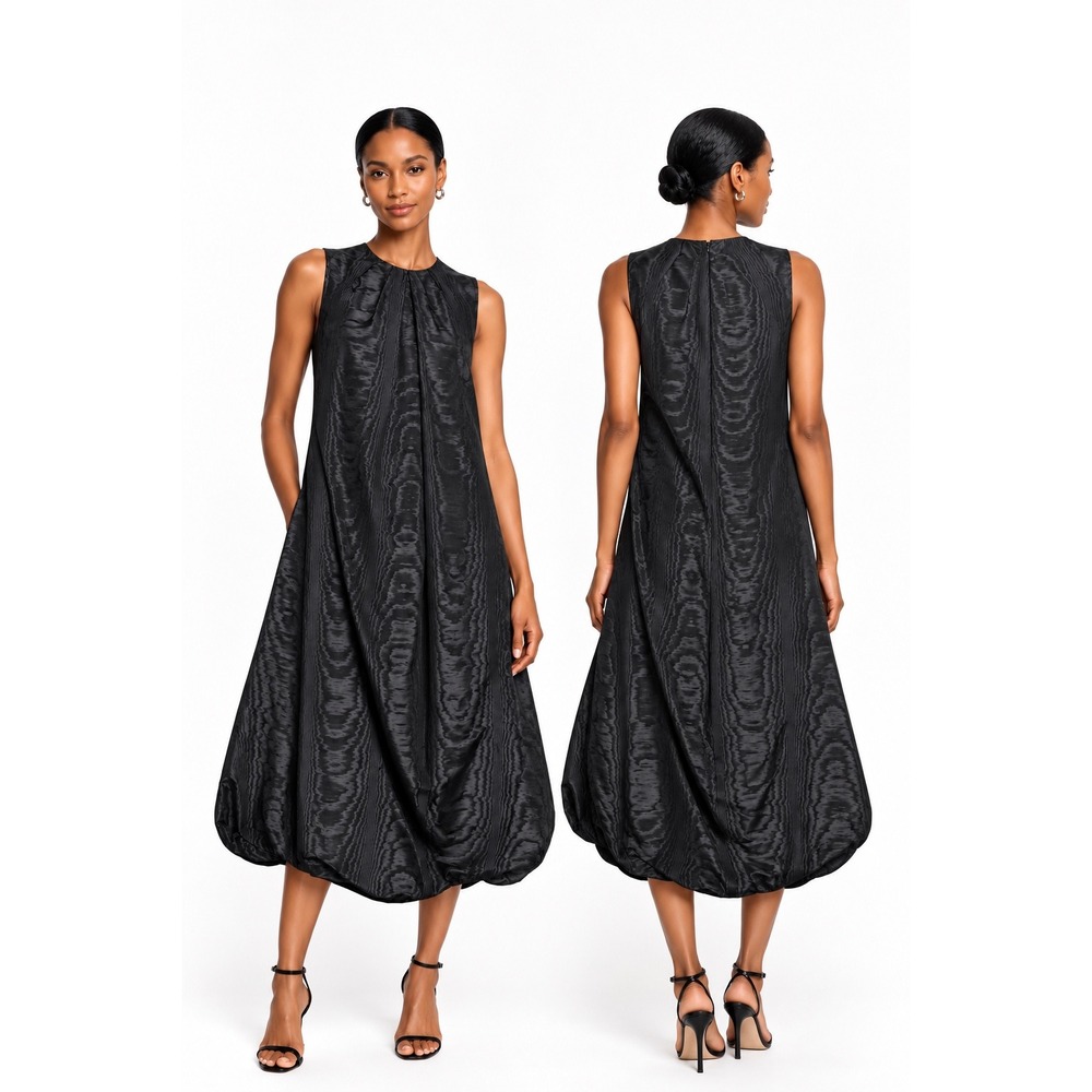 Marina Moscone Dress Black Moiré Bubble Sheath Midi Size 8 $1250 MSRP